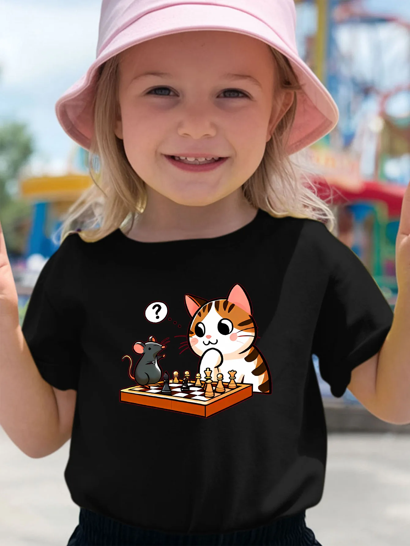 Cute Cat And Mouse Playing Chess Cartoon Print Kids T Shirt Boys Girls Short Sleeve Crew Neck Cotton Parent Tops Toddler Youth