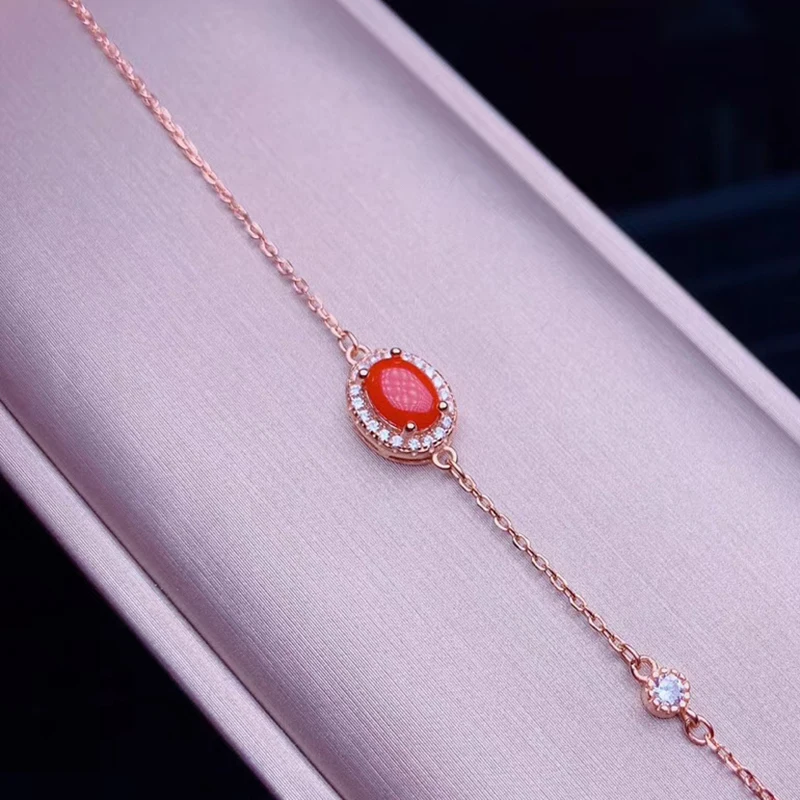 Jewelry Red Coral Bracelet for Daily Wear 5mm*7mm Natural Red Coral Silver Bracelet 925 Silver Coral Jewelry