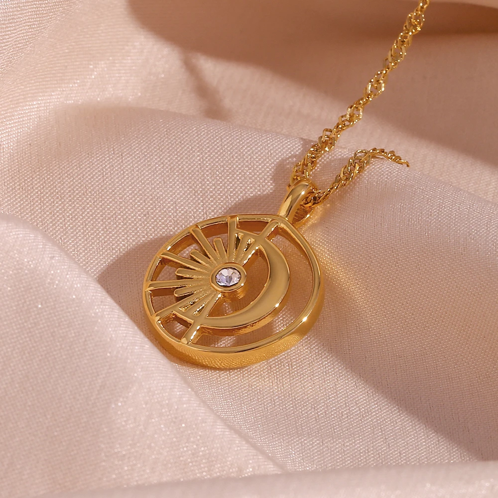 Aço inoxidável banhado a ouro oco colar de pingentes para mulheres, forma redonda, meio sol, meia lua, jóias criativas