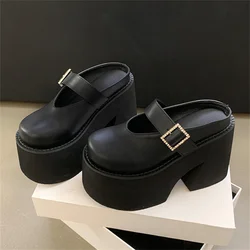 Eilyken Fashion Round Toe Chunky Platform Belt Buckle Women Pumps Slippers Concise  Square High Heels Mule Shoes