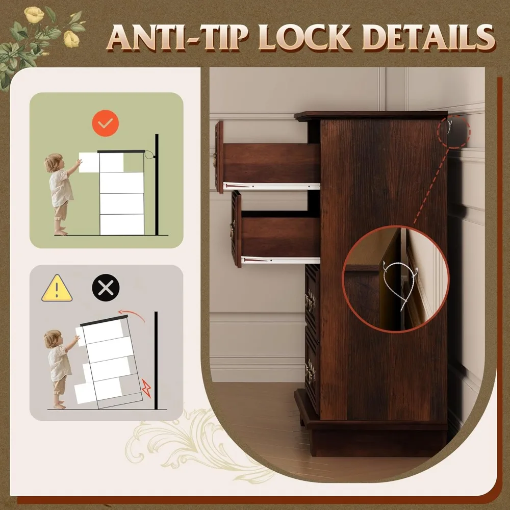 خزانة مزرعة رائعة لغرفة النوم، خزانة خشبية طويلة مع 4 أدراج، خزانة ذات أدراج بمقبض معدني روماني للمعيشة #6