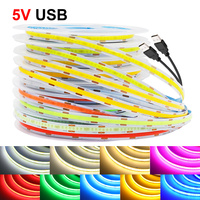 5V USB COB LED Strip Light Tape White Red Green Pink Ice Blue Yellow Flexible 320 LEDs 8mm PCB Ribbon TV Backlights Night Lamp