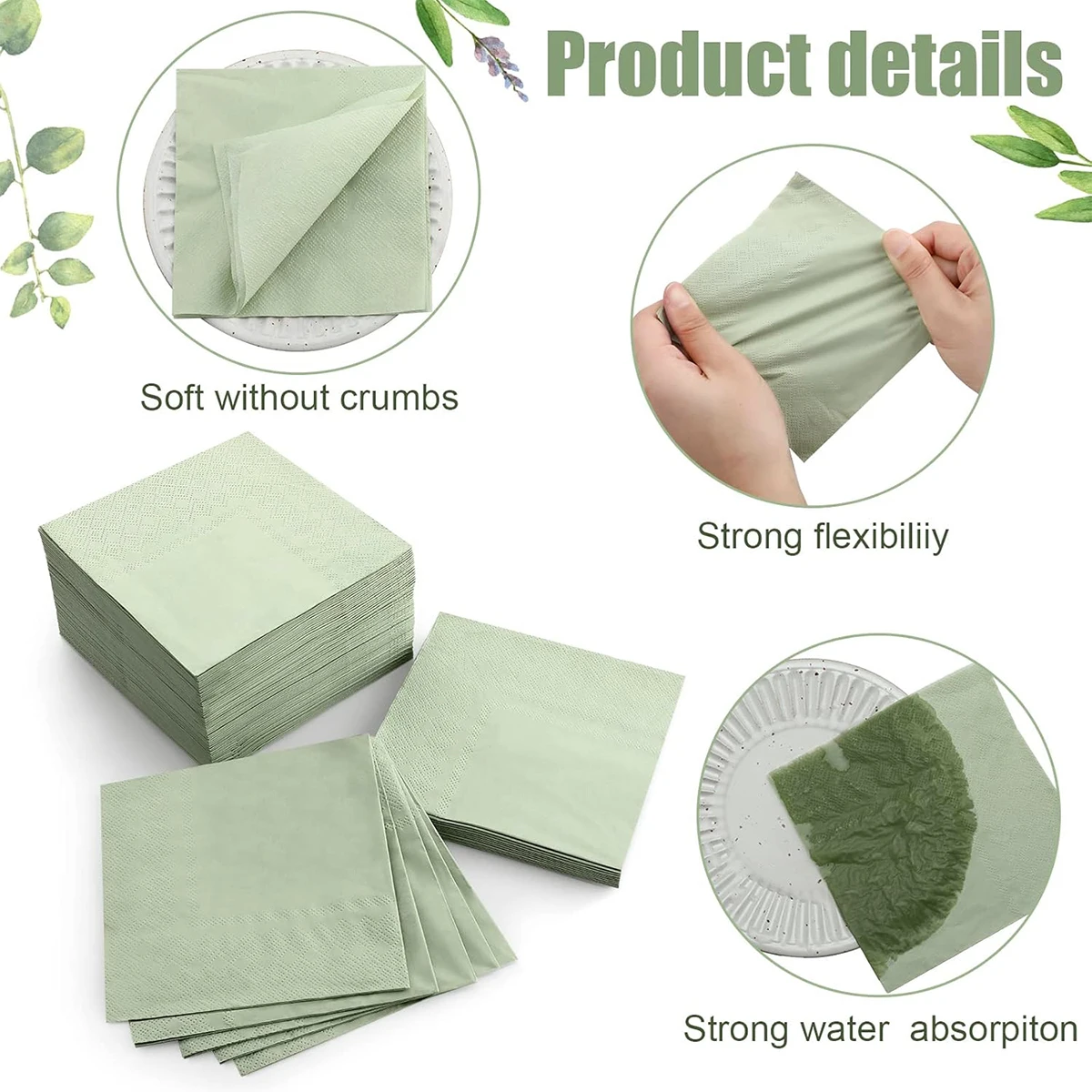 Sage Green Paper Cocktail Napkins Disposable 3 Ply  Wedding Soft for Birthday Dinner Party Bridal Shower