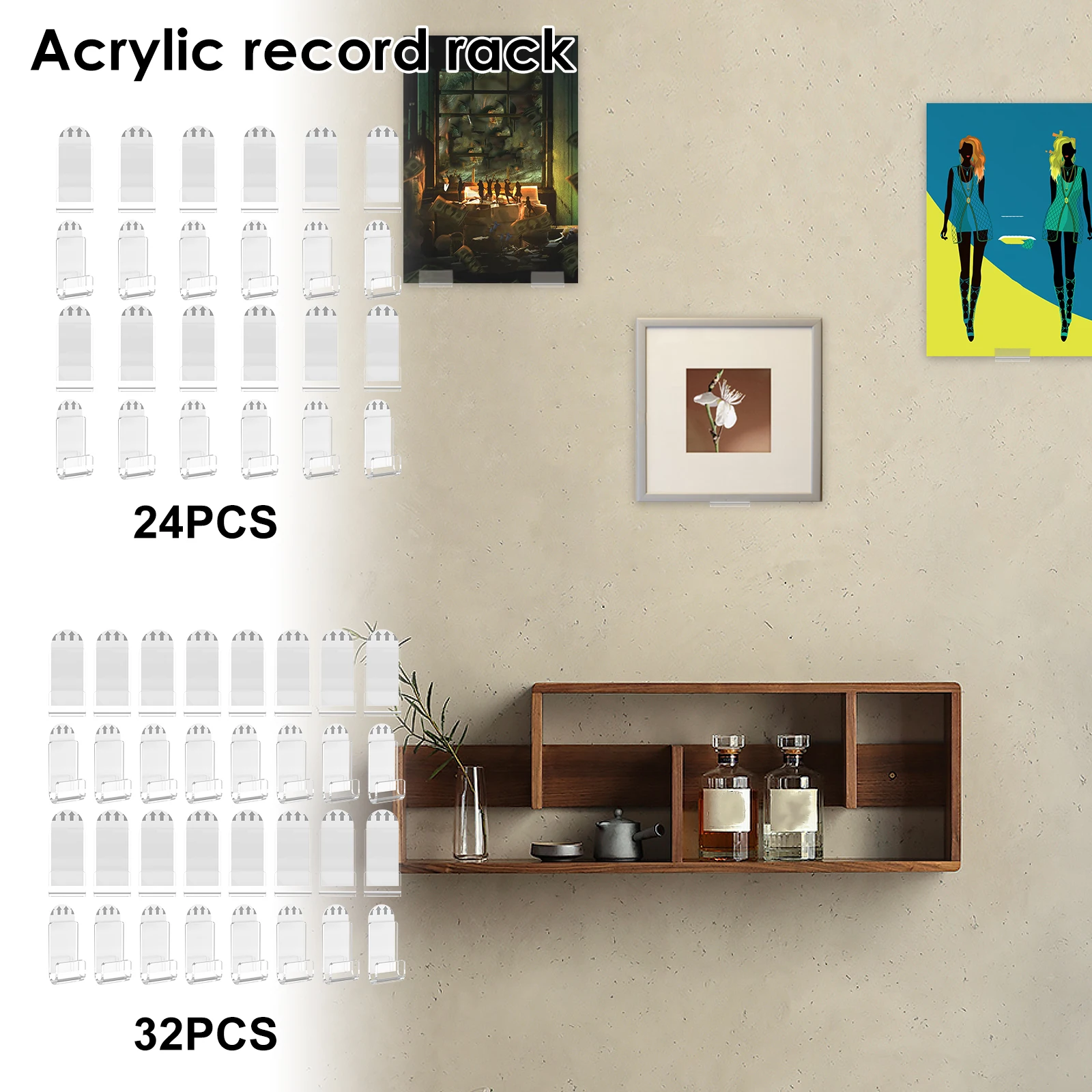 30/24Pcs Vinyl Record Wall Mount Acrylic Vinyl Record Holder Self Adhesive Clear Vinyl Display Shelf No Drill Invisible Album