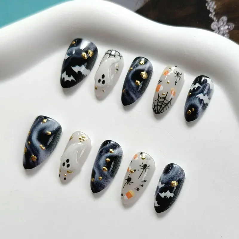 10 Stück 3D Geister-Kürbis Katzenaugen-Kunstnägel mit rauer Textur, Halloween-Nägel, europäische & amerikanische Nagelaufkleber, künstliche Nägel – Detail 14