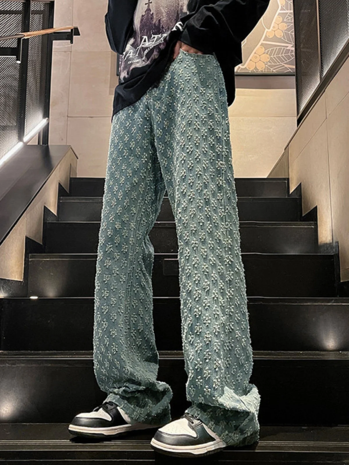 

American High Street Men's Denim Jeans Autumn Design Sensation Small Flower Print Straight Leg Trendy Vintage Flared Pants