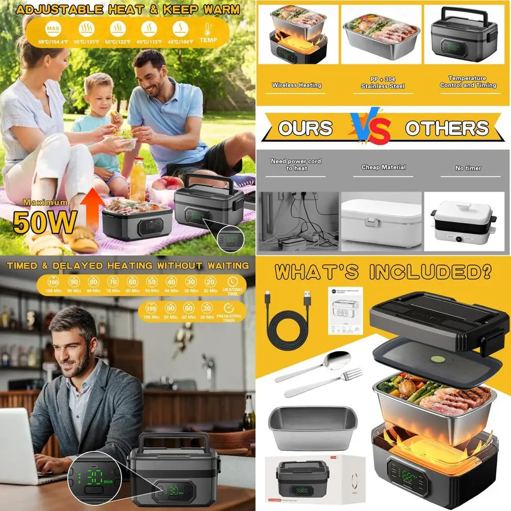 

Портативный электрический ланч-бокс, питание от батареи 24000 мАч, емкость 1,6 л, самонагревающийся для взрослых, идеально подходит для работы и путешествий (Bl)