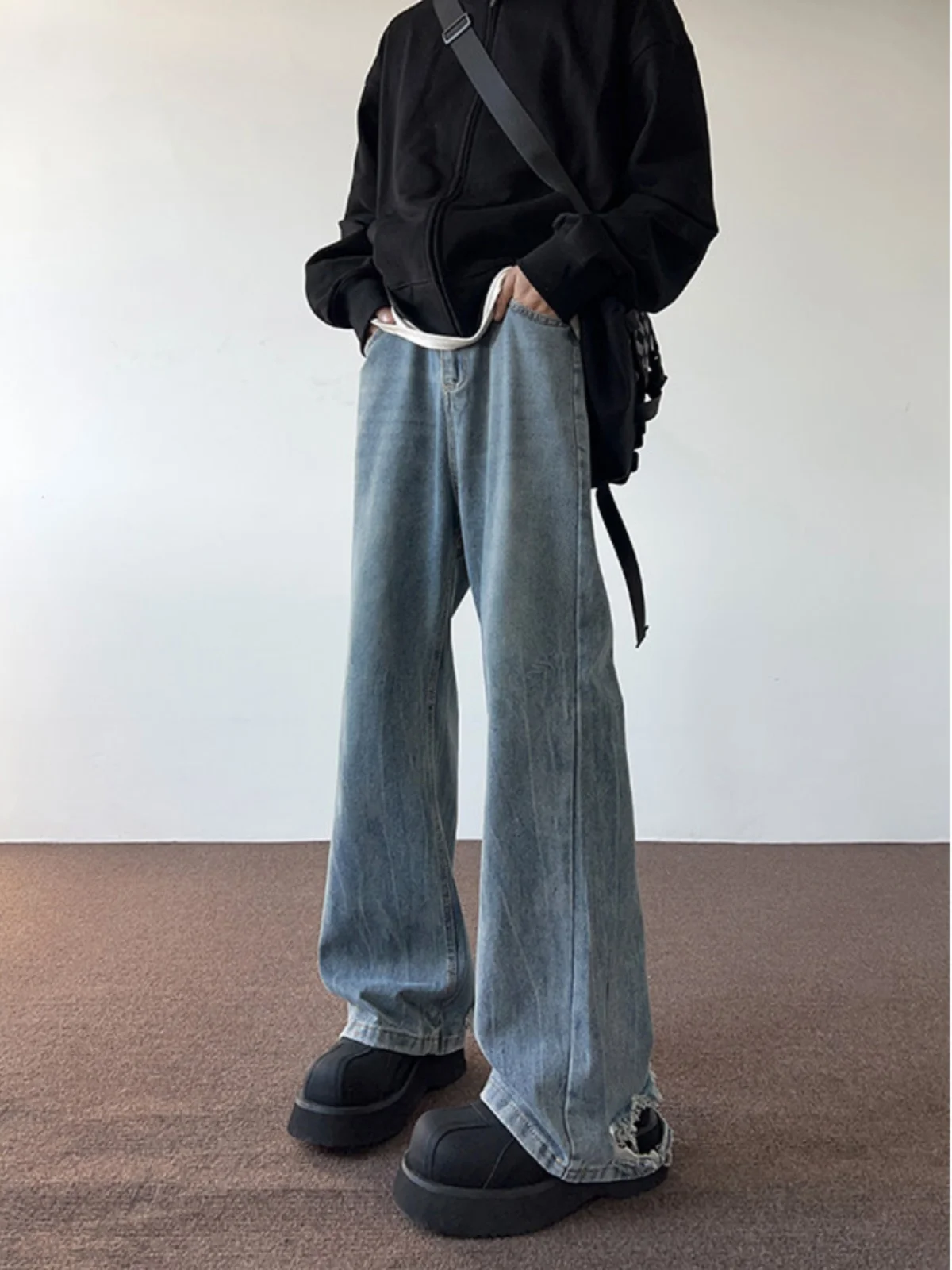 

Мужские джинсы из денима с эффектом потертости, широкие брюки прямого кроя, длинные, осенняя новинка, винтажный стиль, Cleanfit