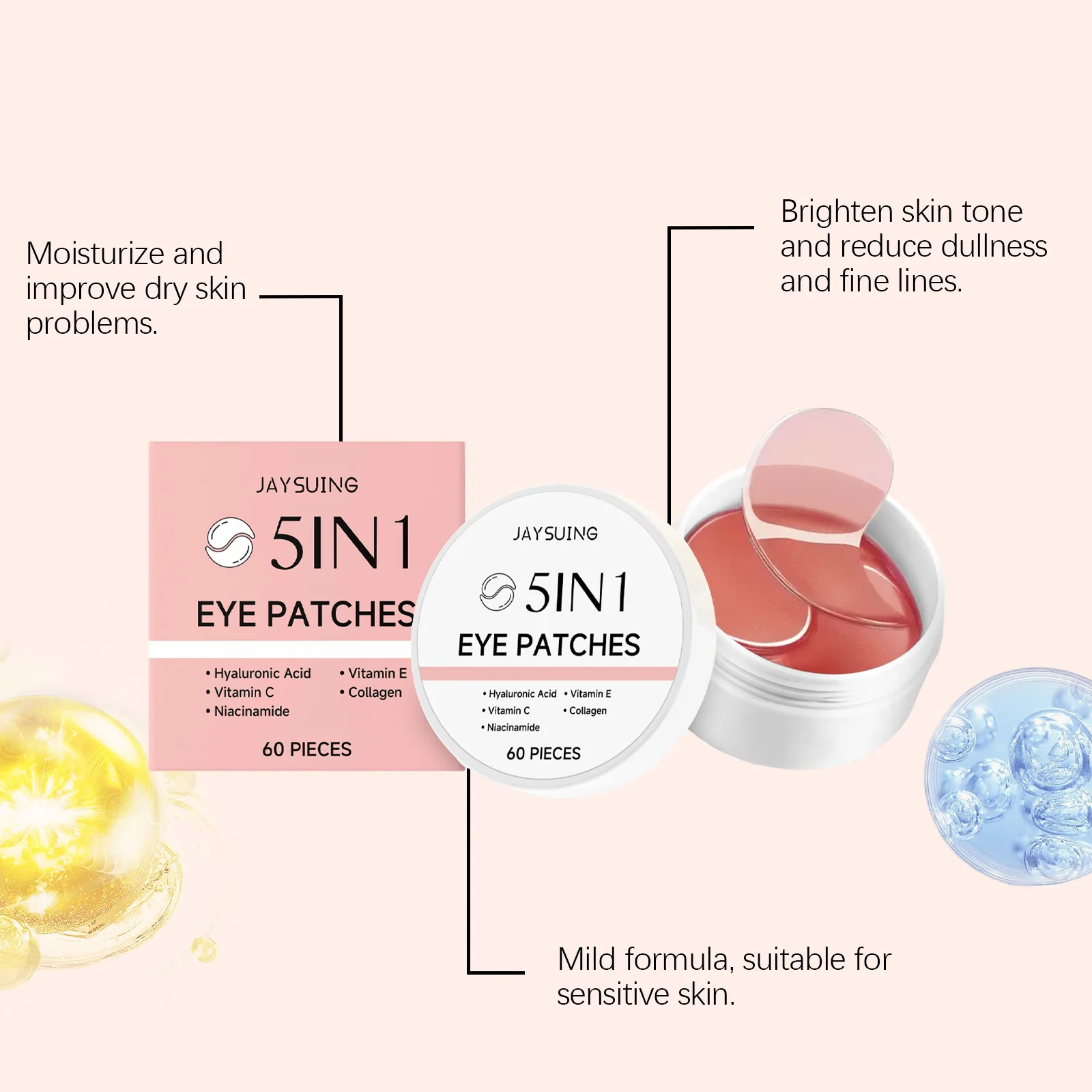 JAYSUING 5-in-1 Under Eye Patches Rose Scented Hyaluronic Acid & Collagen Under Eye Mask Face Mask Set of 60 for Eye Care