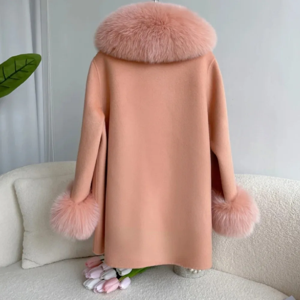 OFTBUY 2024 Fashion Winter Autumn Women Woolen Jacket Real Big Fur Detachable Collar Loose Cashmere Blends Luxury Fashion Cloak