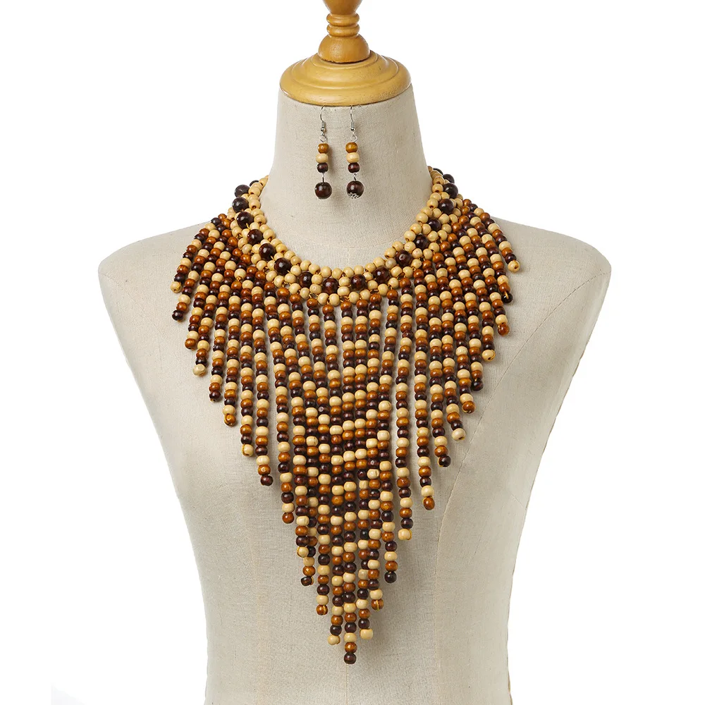 Statement Jewelry Set Bohemian Retro Ethnic Handmade Wooden Bead Woven Bib Necklace And Earrings Women's Daily Accessories