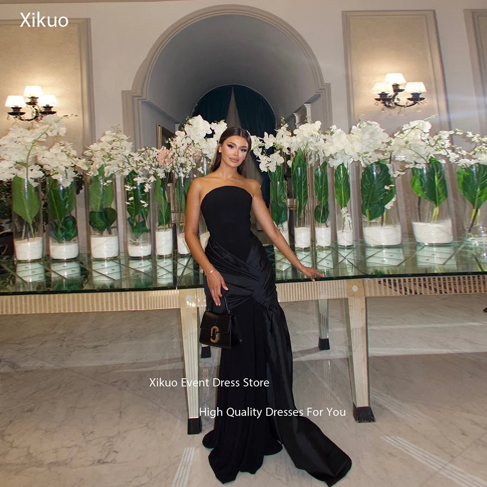 

Xikuo Pleated Sleeveless Floor Length Evening Dresses Lace Up Back Wedding Party Dress Satin Strapless Prom Dress Customized