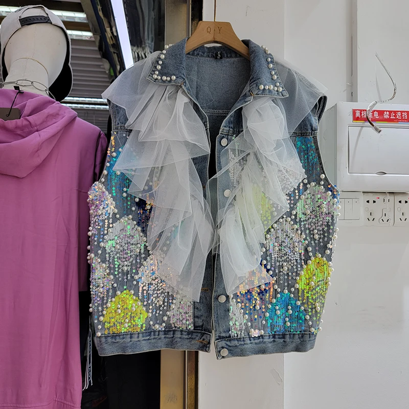 Loose Pearls Beaded Waistcoat Gauze Lace Ruffles Cardigan Tank Tops Diamonds Embroidery Sequins Mesh Spliced Denim Vests