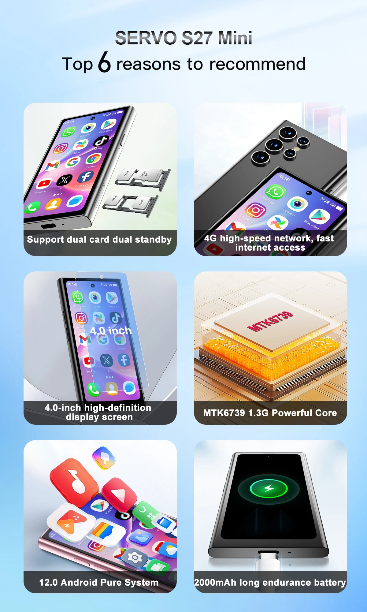 SERVO S27 MINI Android OS Mini Smartphone 4G LTE 16GB/64GB ROM Play Store WiFi Face Unlock 2 SIM 4.0" Pocket Small Smart Phones