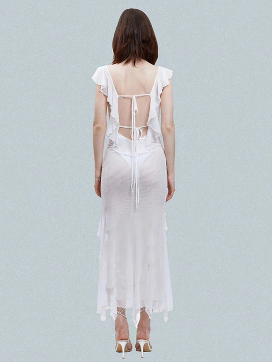 Women Long Bodycon Dress Solid Color See-Through Ruffles Tie-Up Backless Sleeveless Dress Summer High Slit Party Dress