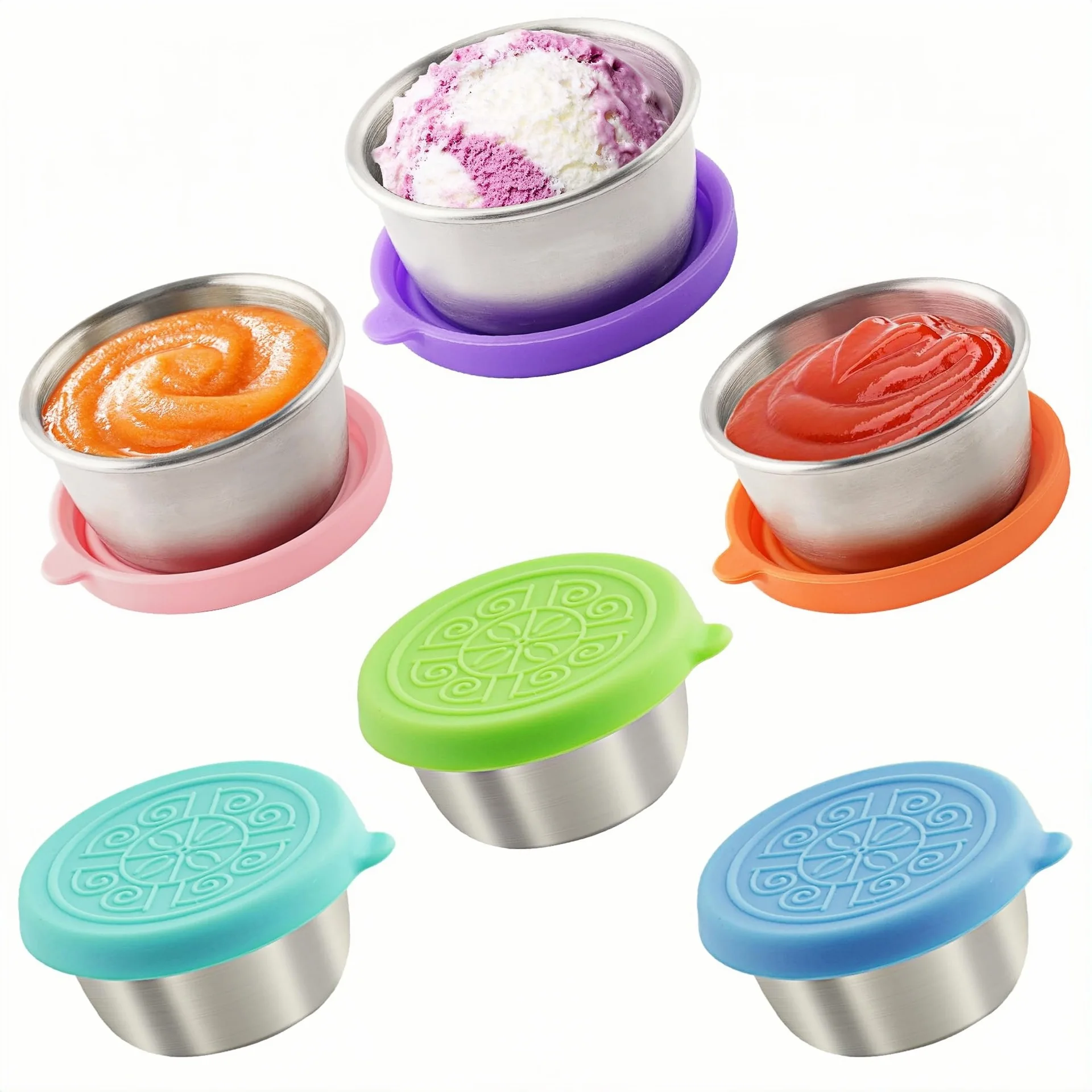 Taza para salsa de acero inoxidable con tapa, recipiente para condimentos de salada, ketchup, tapa de silicona a prueba de fugas, plato para inmersión, aperitivos, 304, 6 uds.