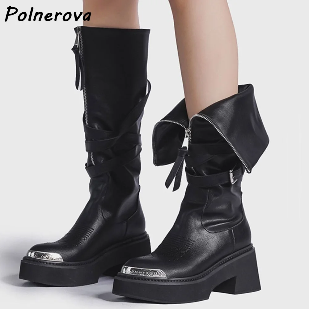 

Черные сапоги до колена с металлическим носком, на массивном каблуке, на платформе, с пряжкой и ремешком на молнии, однотонные туфли с круглым носком, женская зимняя кожаная пикантная обувь