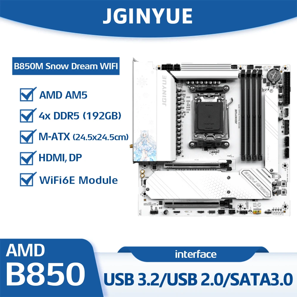 JGINYUE B850M Snow Dream WIFI Motherboard Sockel AM5 |   Ryzen ™   9000/8000/7000 Serie |    4x DDR5-Steckplätze UDIMM Max. 192GB