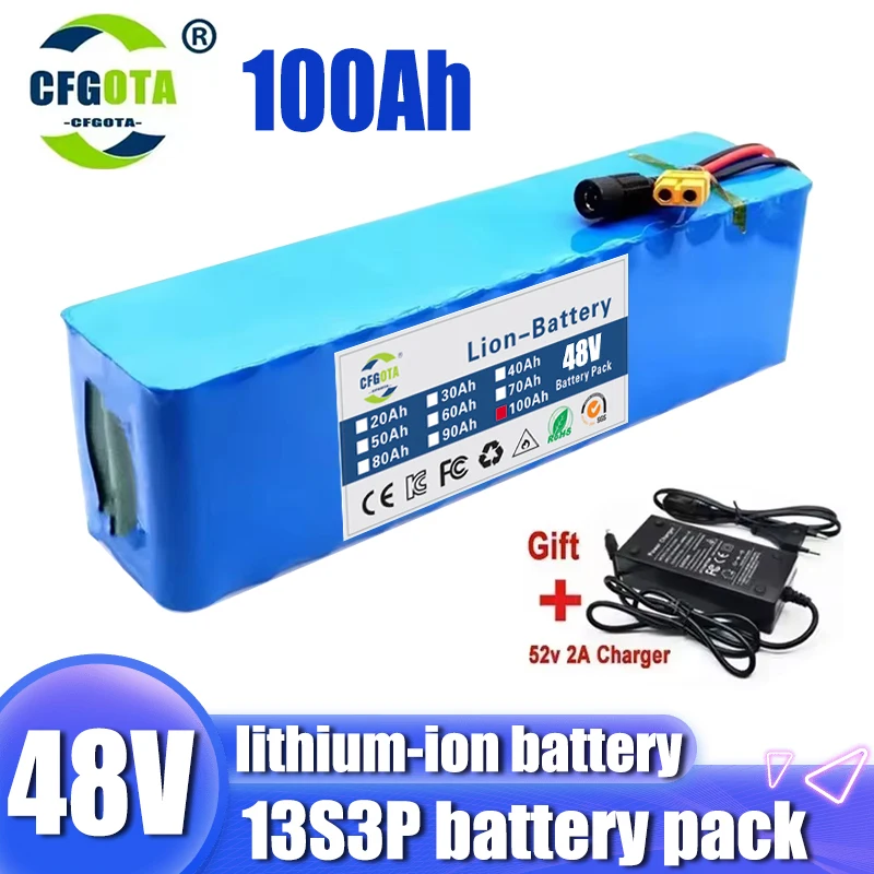 48V 100Ah 500W 750W 1000W 2000W 13S3P DC/DC lithium-ion battery pack, suitable for 48V motors with BMS+54.6V chargers