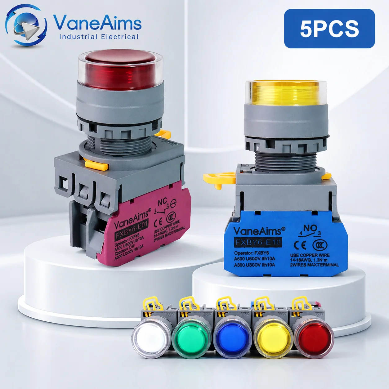 5PCS FXBY6 22mm Plane Head Plastic Switch With LED Illuminated Momentary Latching Push Button Switch 10A 12V 24V 110V 220V