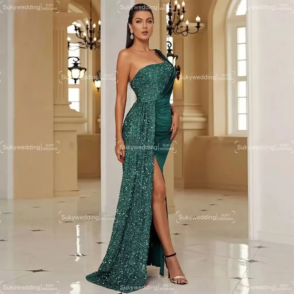 Smaragdgroene Zeemeermin Avondjurken Pailletten Fluwelen Een Schouder Vrouwen Prom Dress Split Glitter Celebrity Party Gown Aangepast