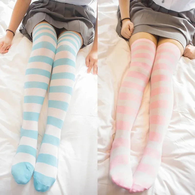 anime Blue white / pink white Wide stripes knee socks thigh socks cute Size L / XL wholesale 4 pair / lot