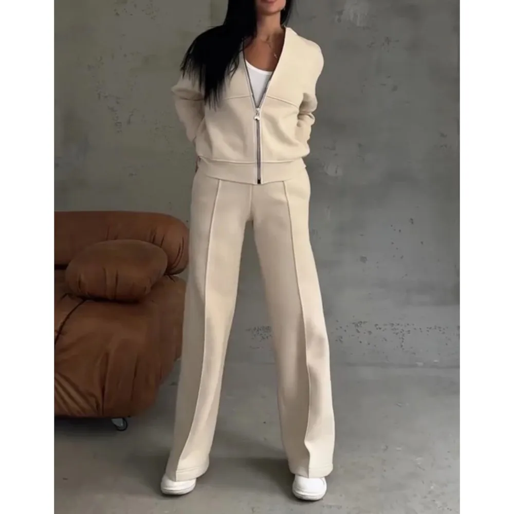 

Осень-зима, флисовая толстовка с капюшоном, длинные брюки, комплект из 2 предметов, женская мода, свободный топ на молнии, повседневные спортивные длинные брюки, женские 2025