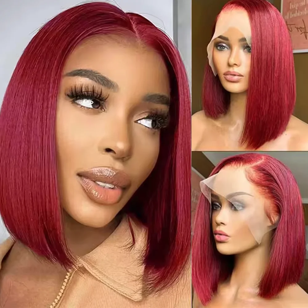 

200 Плотность Полный фронтальный 13x4 HD Прозрачный кружево 14 дюймов 99j Бордовый прямой короткий парик Боб Парики из человеческих волос Предварительно выщипанные парики