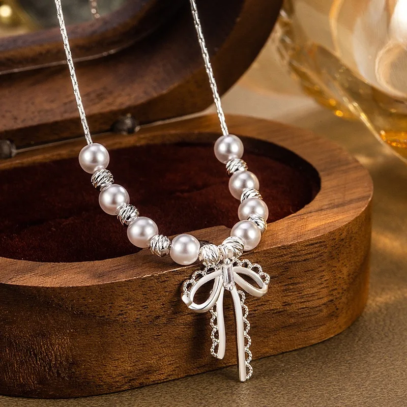 925 Sterling Silver Necklace For Women Adjustable Pearl Bow Necklace Round Ball Choker Necklaces Birthday Gift Chocker