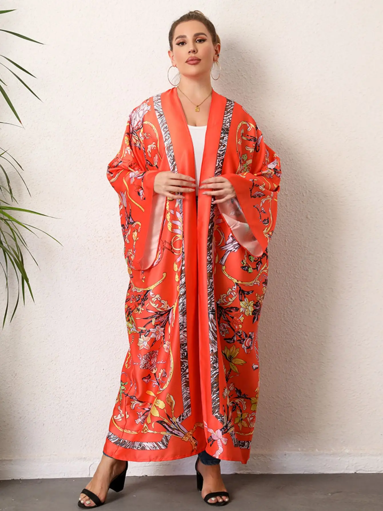 Plus rozmiar Boho Kimono damskie Plus tropikalny nadruk kontrastowe wiązanie z długim rękawem z przodu luźna Kimono plażowe