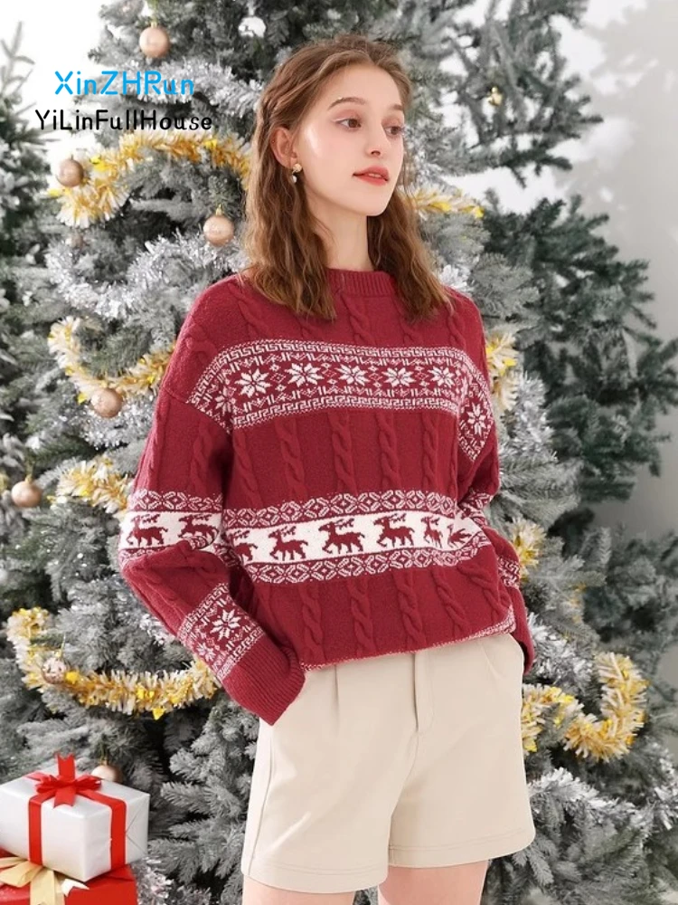 2024Autumn Winter Christmas New Women's Fashion Round Neck Elk Jacquard Knitted Sweater Loose Casual Christmas Snowflake Sweater