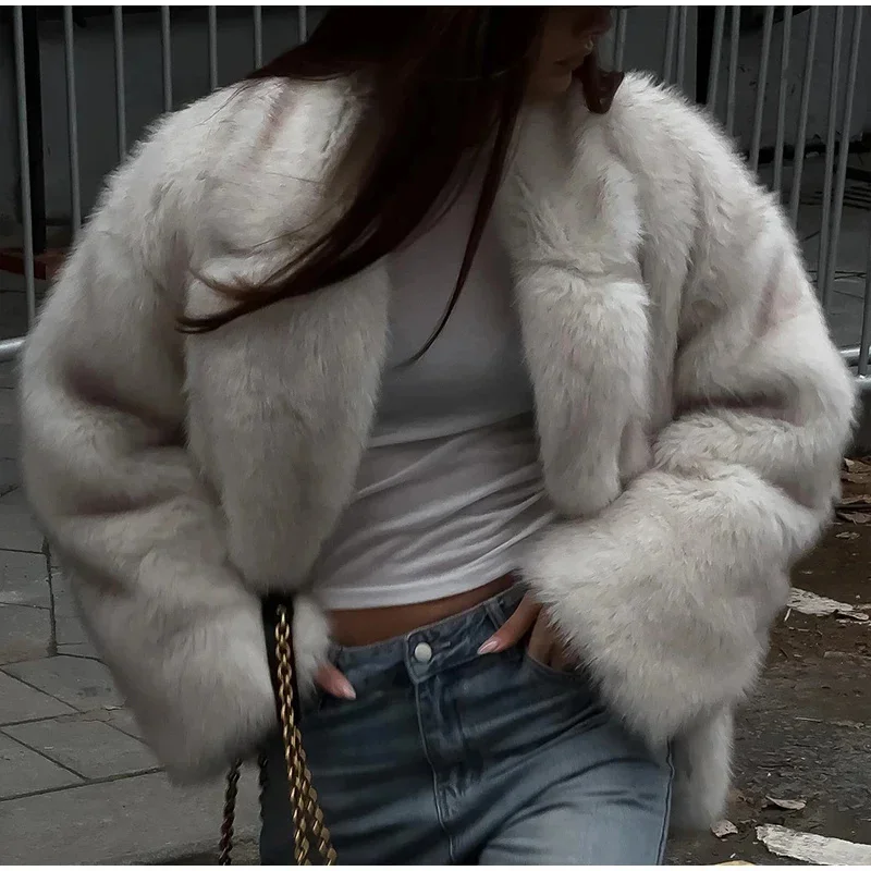 Solid Fluffy Faux Fur Thick Coat Women Fashion Warm Lapel Long Sleeve Short Jacket 2024 Autumn Winter Lady High Street Outerwear