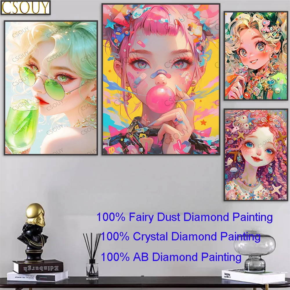 

100% Fairy Dust Square Diy Diamond Painting Cartoon Girl Glasses Cross Stitch Embroidery Mosaic Home Decor Needlework Crystal AB