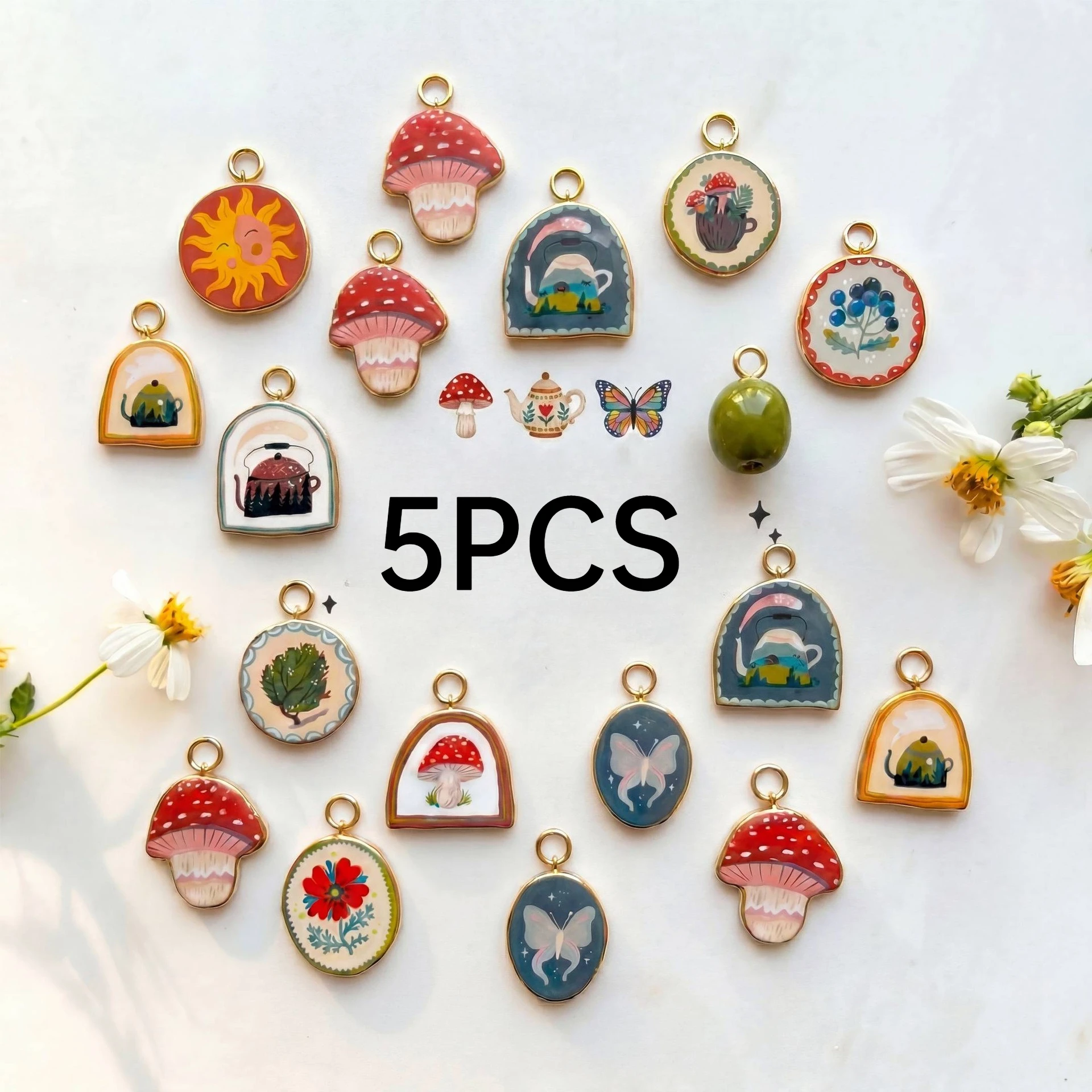 5Pcs Aesthetic Retro Forest Charms Sun Mushroom Blueberry Kettle Tree Pendants DIY Necklace Bracelet Accessories