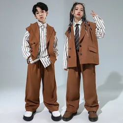 Children Handsome Performance Clothes Kids Boys Gilrs Streetwear Hip Hop Jazz Loose 2 Piece Suits Vest Pant Sets Costume