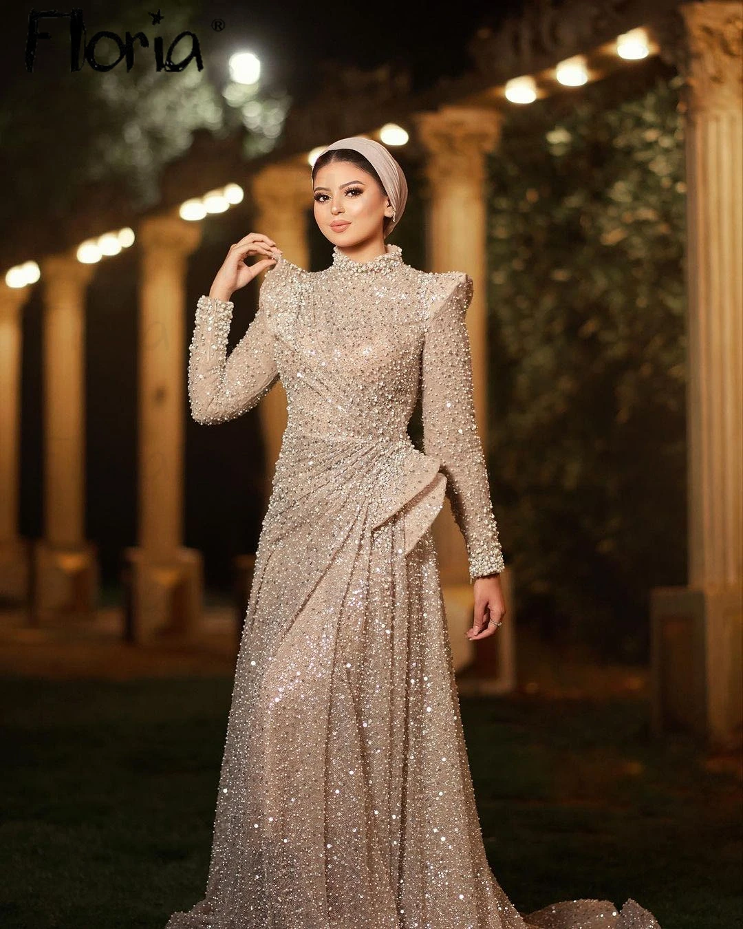 Dubai Muslim Wedding Party Dress Luxury Champagne Long Sleeve Prom Dresses Engagement Dress Celebrity Gown Plus Size Custom Made