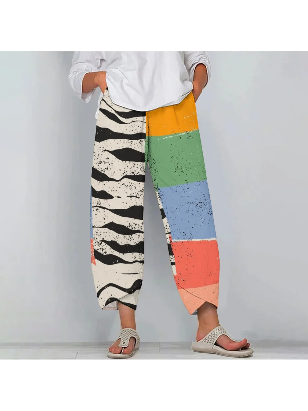 Ladies Colorful Striped Straight Pants Retro Casual Cropped Pants High-Quality Fabric Versatile Pants New Luxury Wide Leg Pants