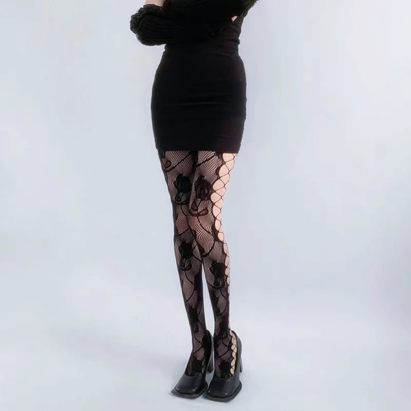 Sexy Lace Suspender Women's Socks Side Hollow Out Mesh Fishnet Ladies Tights Nightclub Party Charming Fashion Pantyhose JK Girls