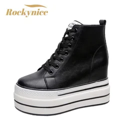 2022 Autumn High Platform Sneakers 10.5CM High Heels Women Thick Sole Ankle Boots Leather Wedge Winter Casual Shoes White Boots