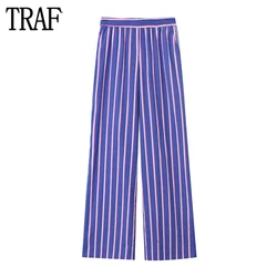 TRAF Striped Baggy Pants Woman High Waist Wide Pants for Women Pleated Summer Loose Pants Women 2024 Streetwear Trousers Womens