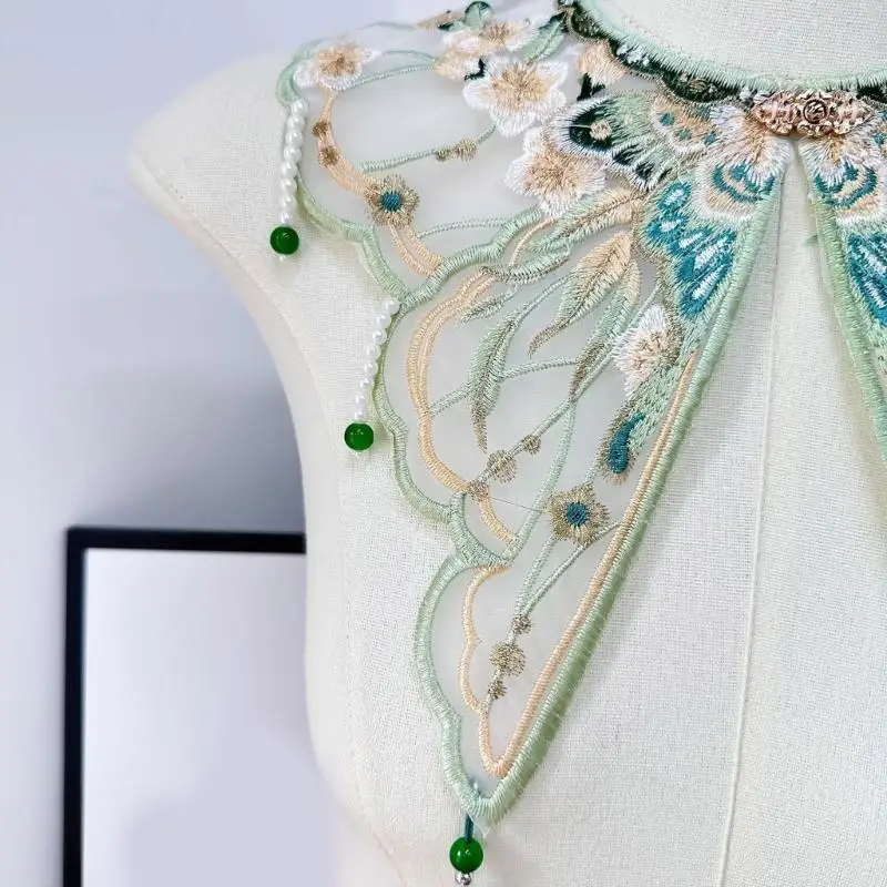 31BB Women Girls Chinese Embroidered Butterfly Flower False Collar Pearl Tassels Small Yunjian Shawl Scarf for Dresses