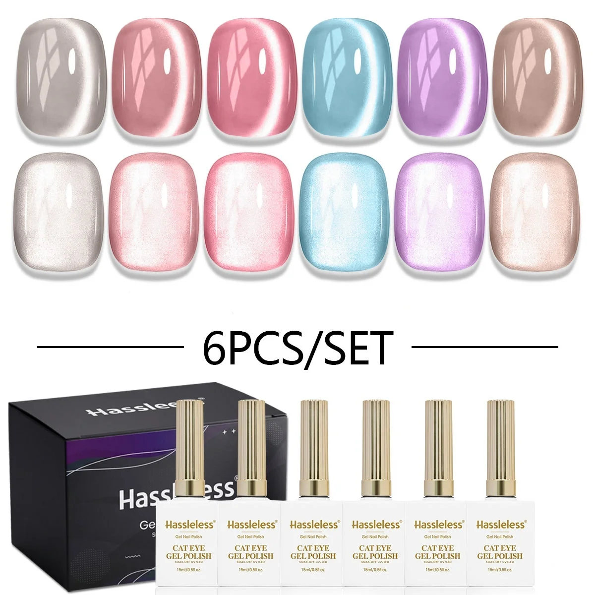 Hassleless 6Pcs White Moonlight Cat Eye Nail Polish Gel Set, Alcohol-Free, Smooth and Shiny Texture, Suitable for All Seasons, Long-Lasting and Wear-Resistant, Excellent Quality, Suitable for Salon and Home Use