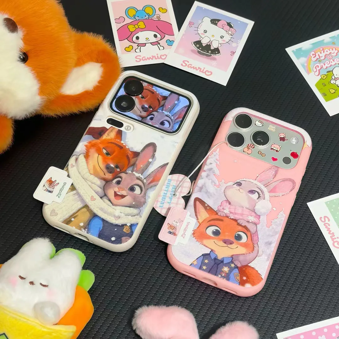 

Cute for Zootopia Nick Judy Scarf Snow Phone Case for iPhone 16 15 17 Pro Max Plus Bunny Fox Laser Cartoon Cover
