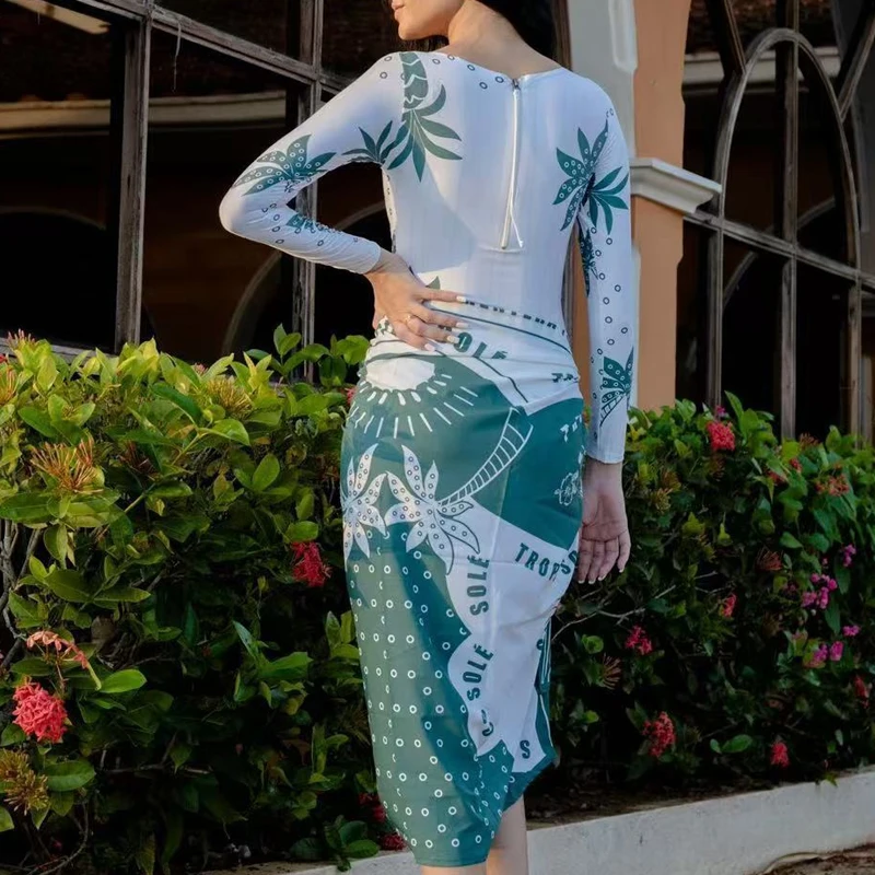 Fashion Slim Long Sleeve Bodysuit + Half Skirts Outfits Summer New Beach Vacation 2 Piece Casual Pattern Printed Swimsuits Suits - Image 3