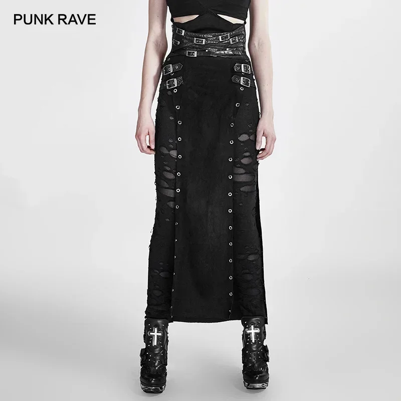 PUNK RAVE Women's Gothic Sexy Black Skirts Punk Rock Copslay Stage Personality Hip Hop Streetwear Long High Waisted Split Skirt