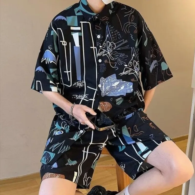 

Plus Size Men's Set Printed Short Sleeve Loose Fit Shirt Casual Ice Silk Shorts Summer Beach Seaside Vacation Trendy