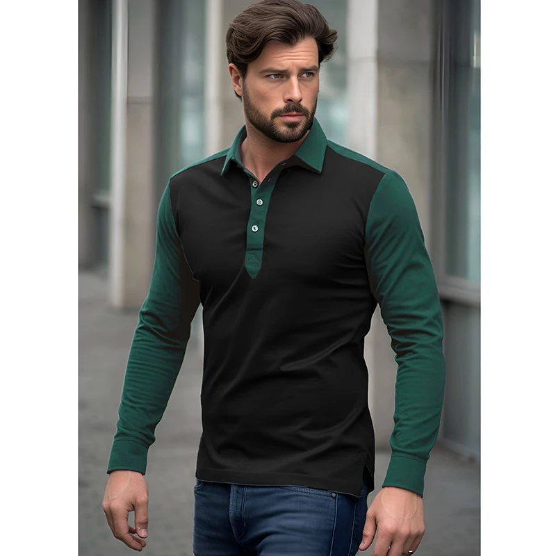 2023 Mens Contrast Polo Shirts Long Sleeves  Casual Party Personality Trend Shirt Tops