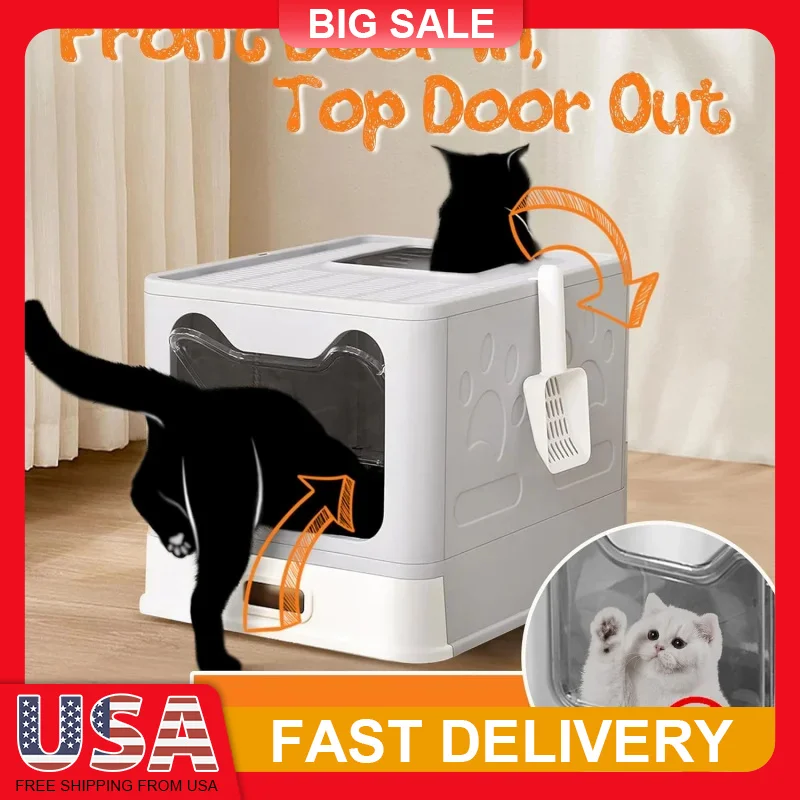 

Stainless Steel Enclosed Cat Litter Box with Lid Leak Proof Odorless Top Exit Easy Clean Litter Box for Cats Includes Scoop Mat
