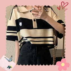 Front Shoulder Polo Collar T-shirt, Women's Summer New Design Niche Short Knitted Sweater Chic Unique Top 2024 Women Clothing