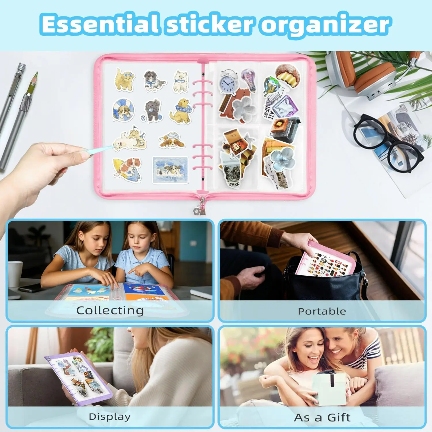 A5 Sticker Storage Organizer 6 Ring Notebook Binder Clear Binders Folder with 220 Pockets 20PCS Release Paper Tweezer Spatula